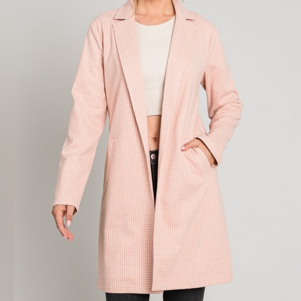 Must Have Blush Gingham Midweight Blazer Coat | Open Front Longline Jacket NWT